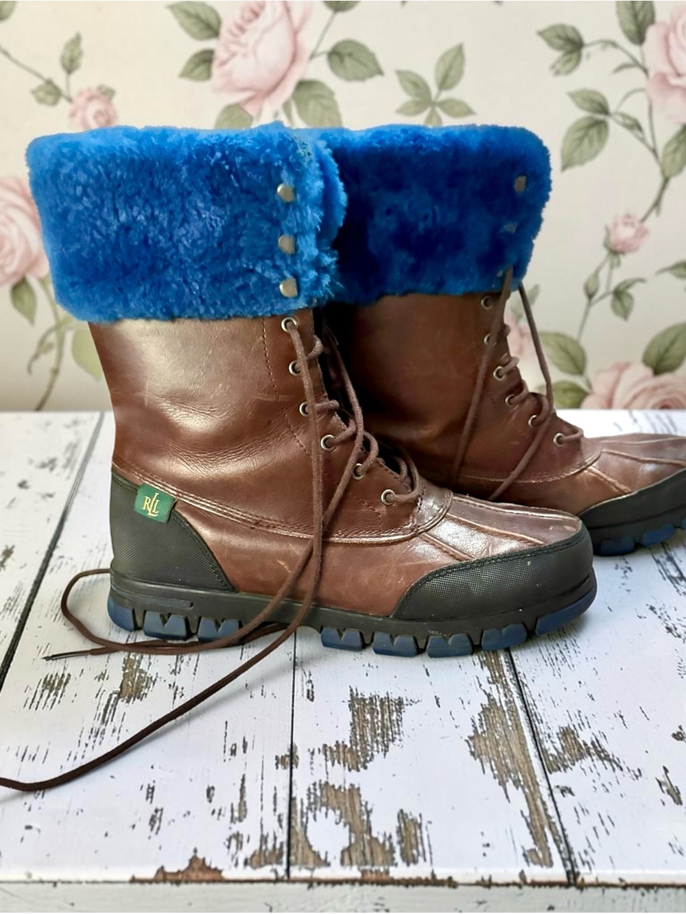 Great Ralph Lauren leather blue shearling boots hiking snow winter